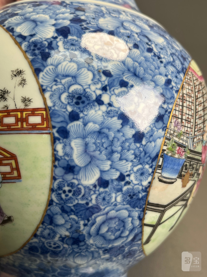 民国  青花地粉彩教子图瓶 - 图12
